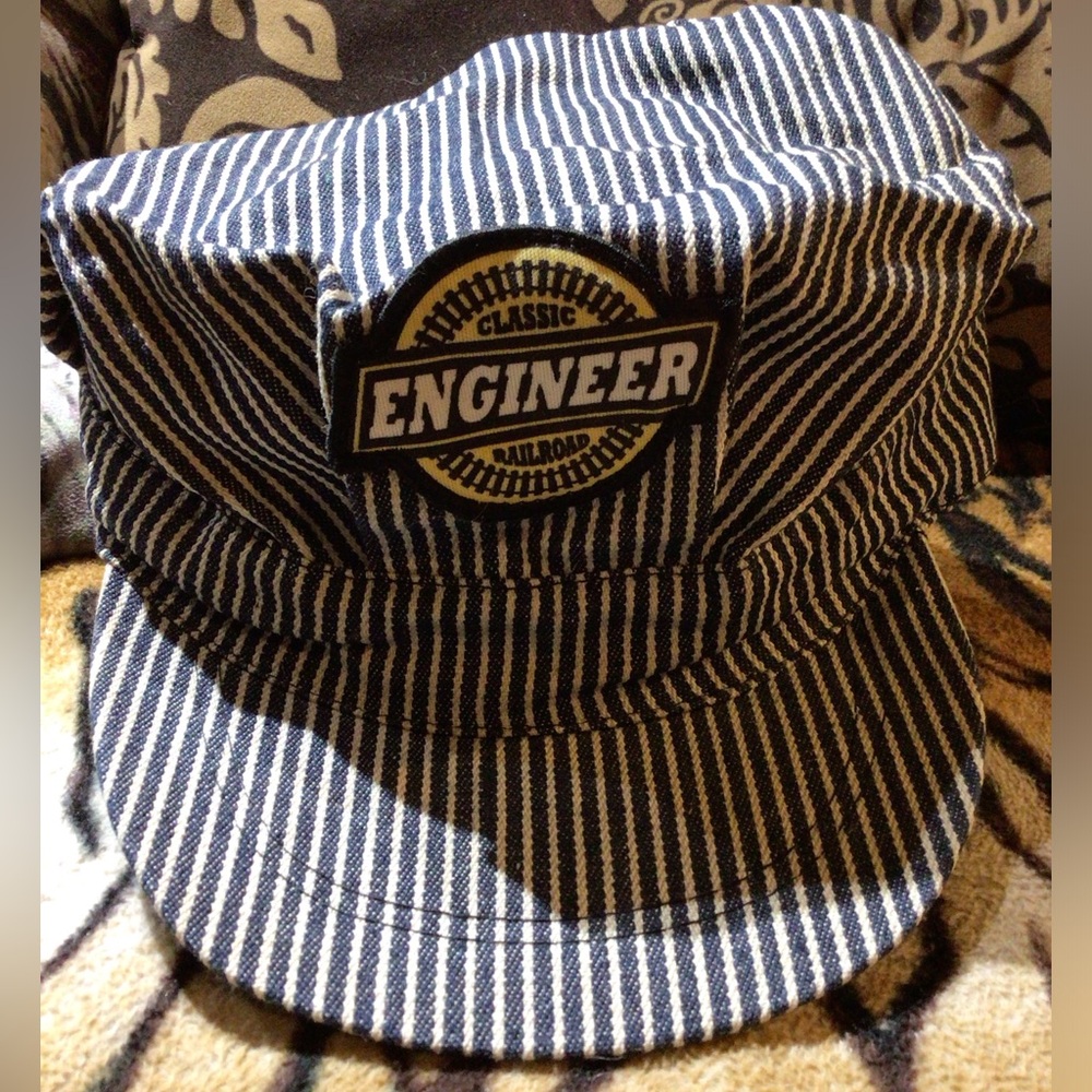VINTAGE Classic Engineer Railroad Stripe Cap - Blue & White